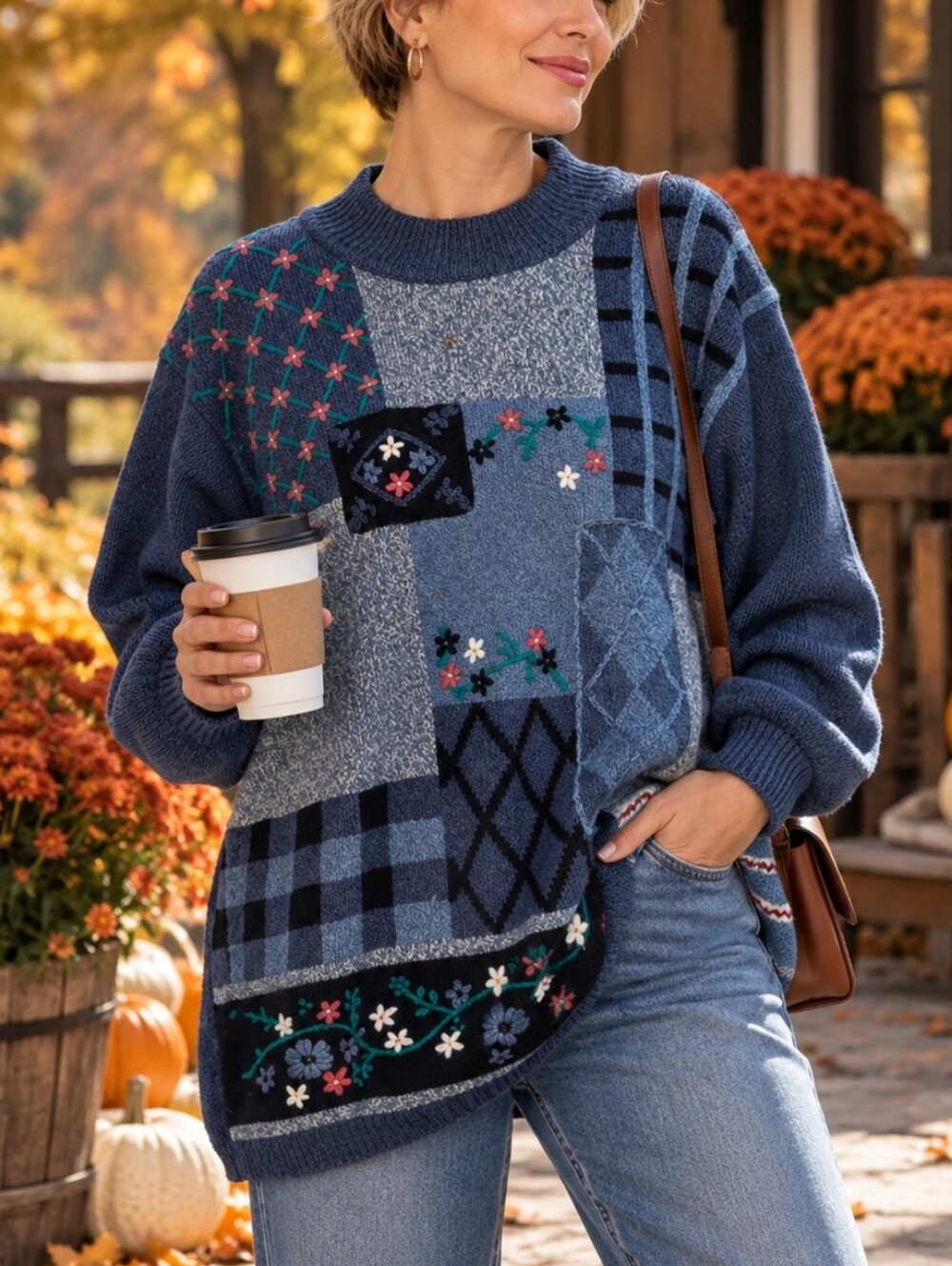 Vintage TanJay Blue Patchwork Embroidered Crewneck Sweater size L